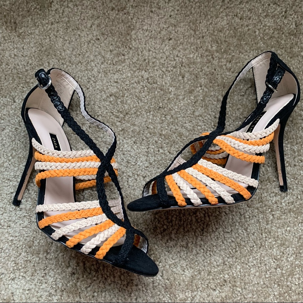 NEW Zara Orange Black Braided Heeled Sandals Size 10 - Picture 2 of 9
